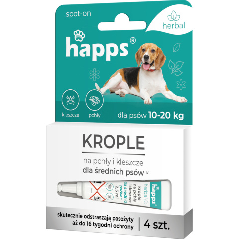 Krople na pchły i kleszcze dla średnich psów 4x2,5ml Happs Krople na pchły i kleszcze dla średnich psów 4x2,5ml Happs